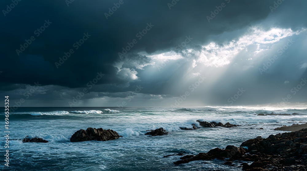 Fototapeta premium Dramatic coastal scene with powerful waves crashing against rocks under a stormy sky, illuminated by shafts of sunlight.