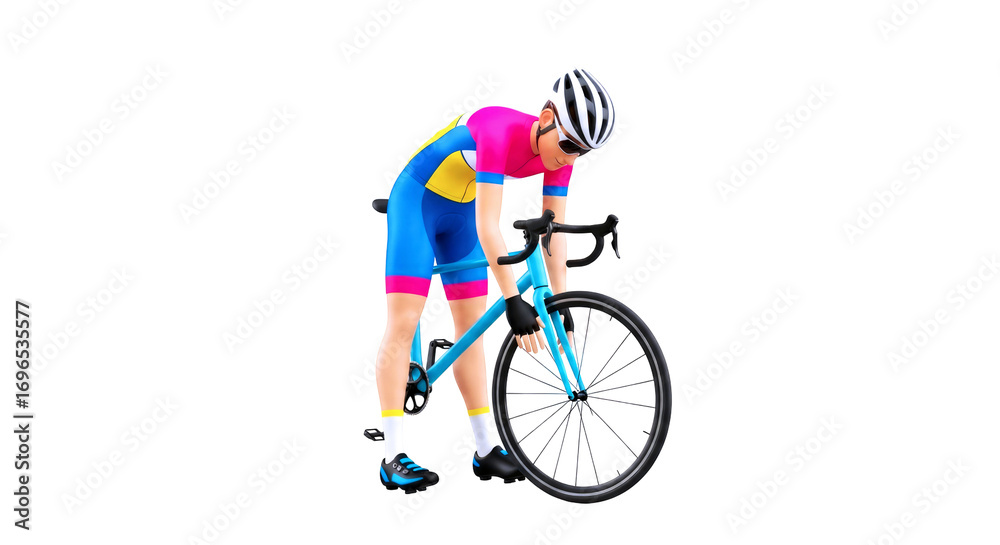 Fototapeta premium cyclist stopping to adjust or check the front wheel of a racing bicycle while wearing a colorful jersey.