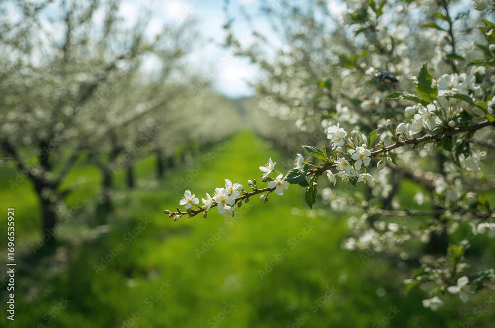 Fototapeta premium Possible insect infestation in a thriving spring apple grove