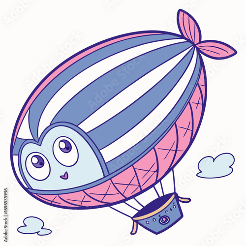 Cute cartoon owl character in a blimp flying in the sky