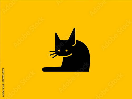 Charming black cat illustration on vibrant yellow background, a playful and modern design element.