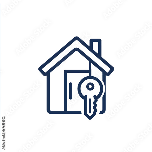 Home with Key Icon Simple Outline Design Concept Representing Real Estate and New Beginnings Acquisition Symbol