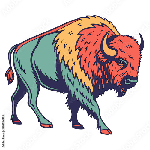 Stylized illustration of a bison with colorful mane and fur