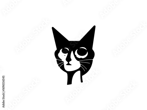 Whimsical black cat face with large curious eyes, a playful, artistic, and memorable graphic for any project.