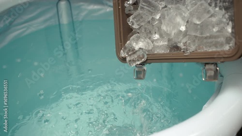Close-up hand pouring ice cubes into inflatable tub for ice bathing, practicing cold therapy and Wim Hof Method for wellness, meditation, fitness recovery, and sports therapy. Wellness and healthy.
