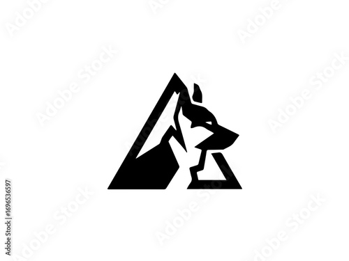 Dynamic wolf head silhouette merged with mountain peak, symbolizing wild adventure and exploration.