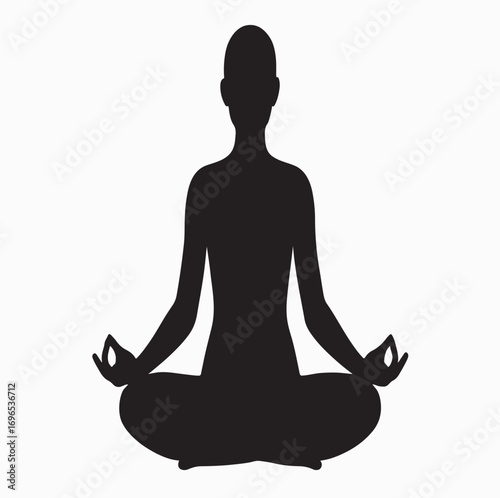 Black vector silhouette illustration of a woman in a peaceful yoga pose for meditation and relaxation