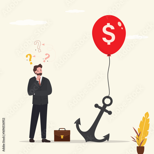 Frustrated businessman thinking about business obstacles. Giant anchor holds business project and does not allow it to grow and develop. Startup problems, debt and high taxes.