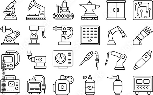 Collection of industrial robot arms and manufacturing equipment icons