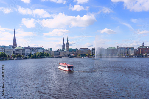 Hamburg, a beautiful boat trip on the Binnen-Alster with a view of the town hall and St. Nikolei