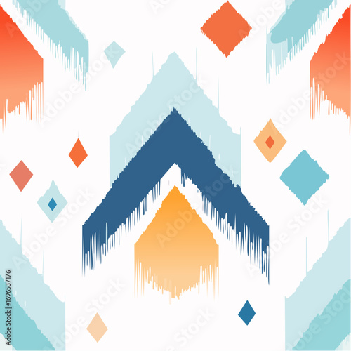 Blue Orange Teal and White Ikat Diamond Seamless Pattern on White Background
