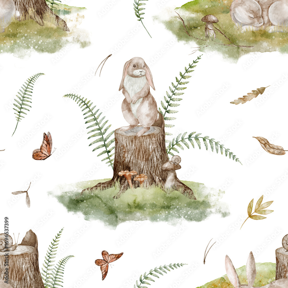 Obraz premium Watercolor seamless Pattern with Hares, stumps, butterflies and mushrooms. Illustration of woodland animals and forest plants for nursery wallpaper or childish textile design. Background with Rabbits