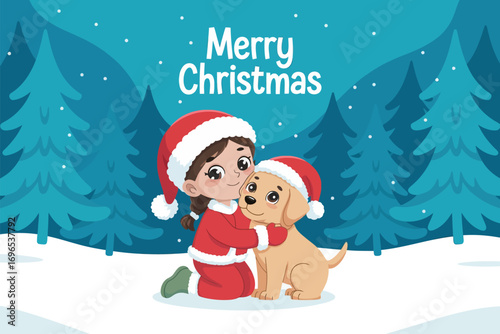 Joyful child in Santa hat hugs beloved puppy in snowy winter forest