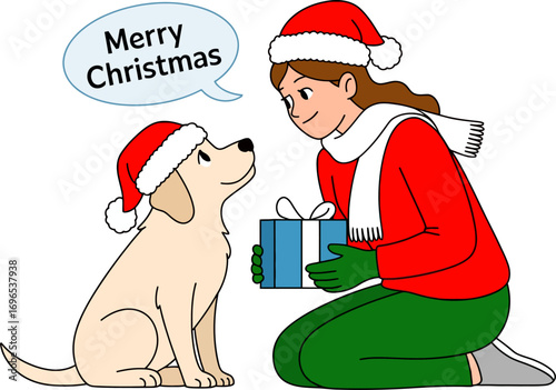 Joyful young woman in festive attire shares a Christmas gift with her adorable dog