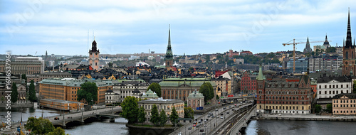 Bird's view panorama overlooking Gamla Stan and Norrmalm in Stockholm, Sweden