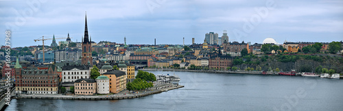 Panorama across Norrström onto Riddarholmen and Mariaberget at Mälarstrand in Stockholm, Sweden