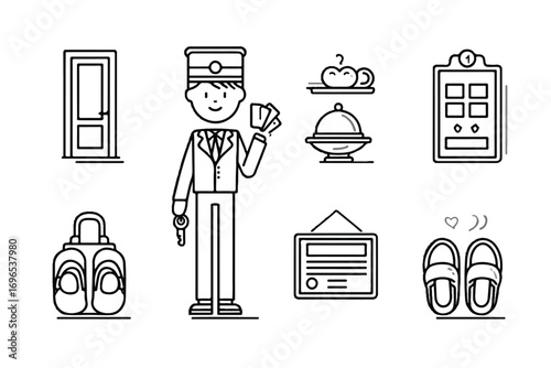 Hotel Services Icon Set in Black and White Line Art for Travel and Tourism Related Designs