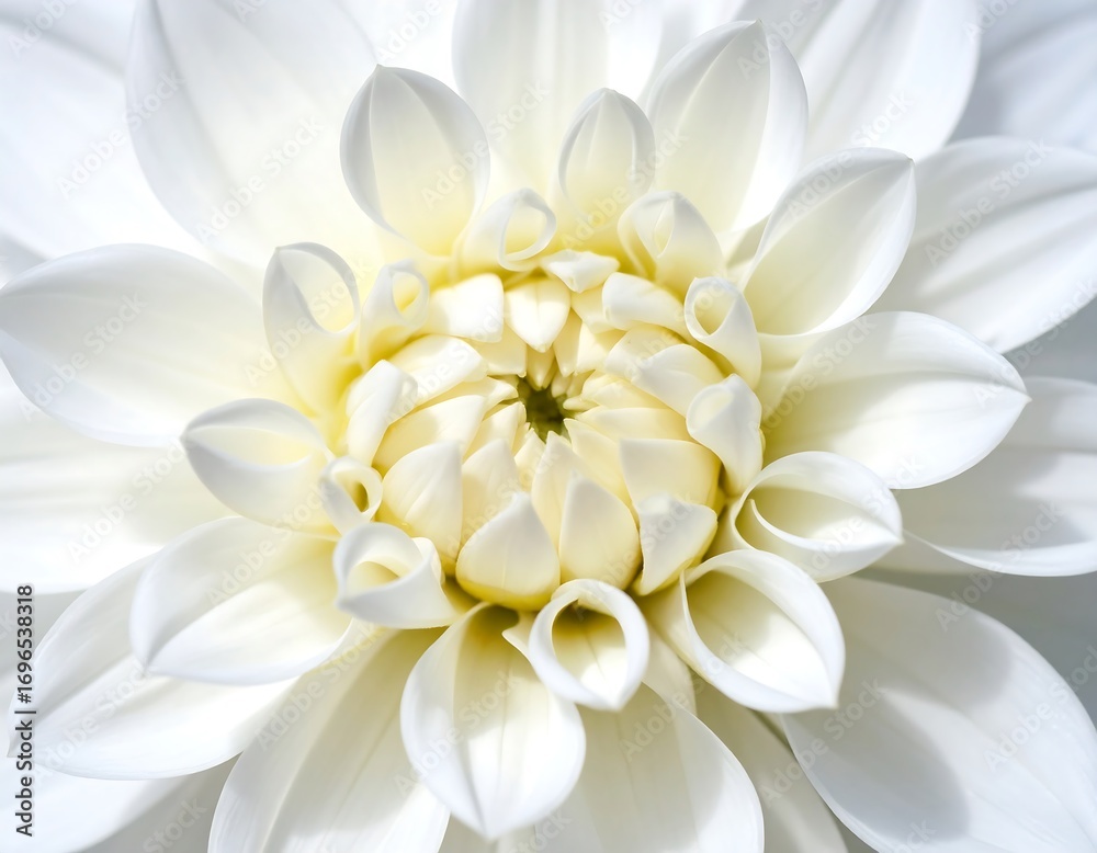 Fototapeta premium A detailed close-up view of a pristine white dahlia, showcasing intricate petal structures and a soft, luminous quality.
