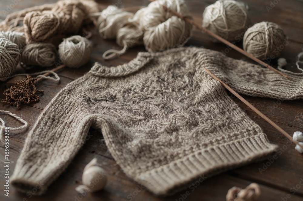 Fototapeta premium Handcrafted wool sweater being knitted with yarn and needles