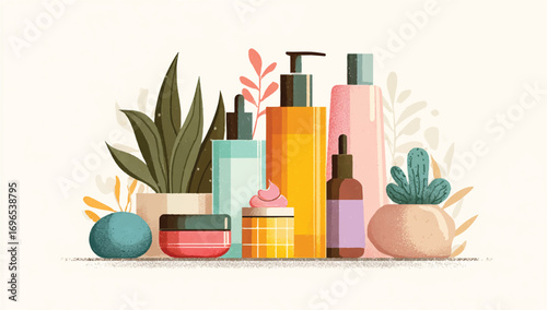 Illustrated Beauty Products and Plants for Skincare Routine and Natural Self Care Concepts on Shelf