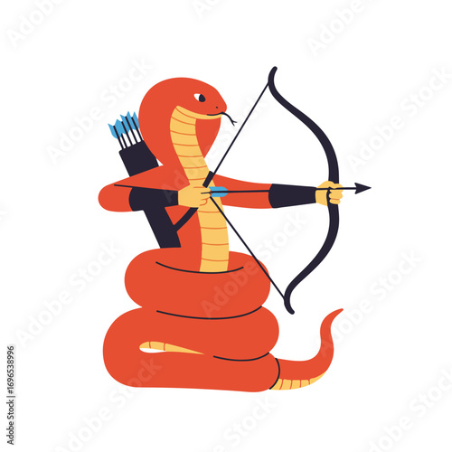 A red cobra with a bow and arrow The snake is coiling It has a quiver of arrows
