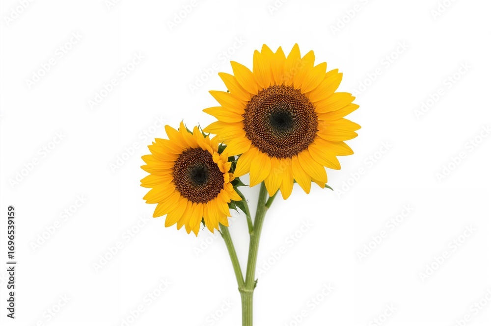 Fototapeta premium Two sunflowers stand out against a white background in a bouquet. The sun represents a symbol. Yellow blossoms flourish in verdant fields. Oil and seeds are featured. A flat lay and aerial view.