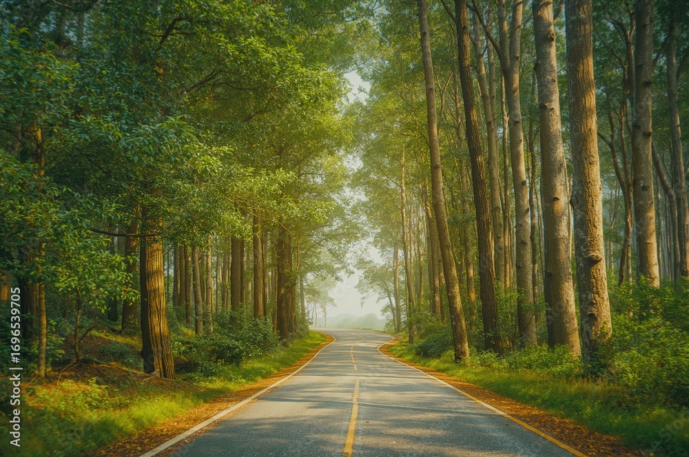 Fototapeta premium Summer forest scenery with trees, wood, and a sunlit path in nature