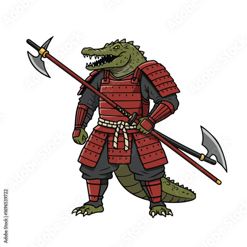A samurai crocodile stands wearing red armor and holds two polearms