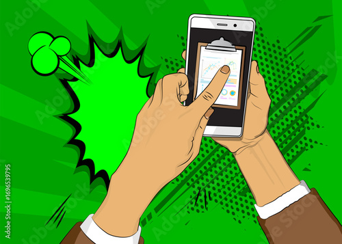 Cartoon Smartphone, comic book Telephone with business report. Retro vector comics pop art design.