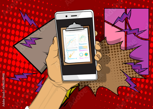 Cartoon Smartphone, comic book Telephone with business report. Retro vector comics pop art design.