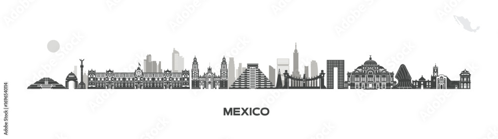 Naklejka premium mexico building landscape design, tourist attraction icons and mexico country icons, beautiful culture country skyline