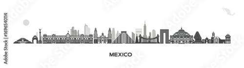mexico building landscape design, tourist attraction icons and mexico country icons, beautiful culture country skyline	