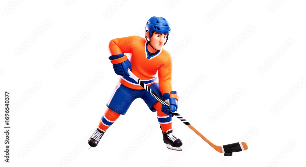 Fototapeta premium cartoon hockey player ready for the faceoff, intense focus, dynamic pose, 3d render, isolated on transparent background