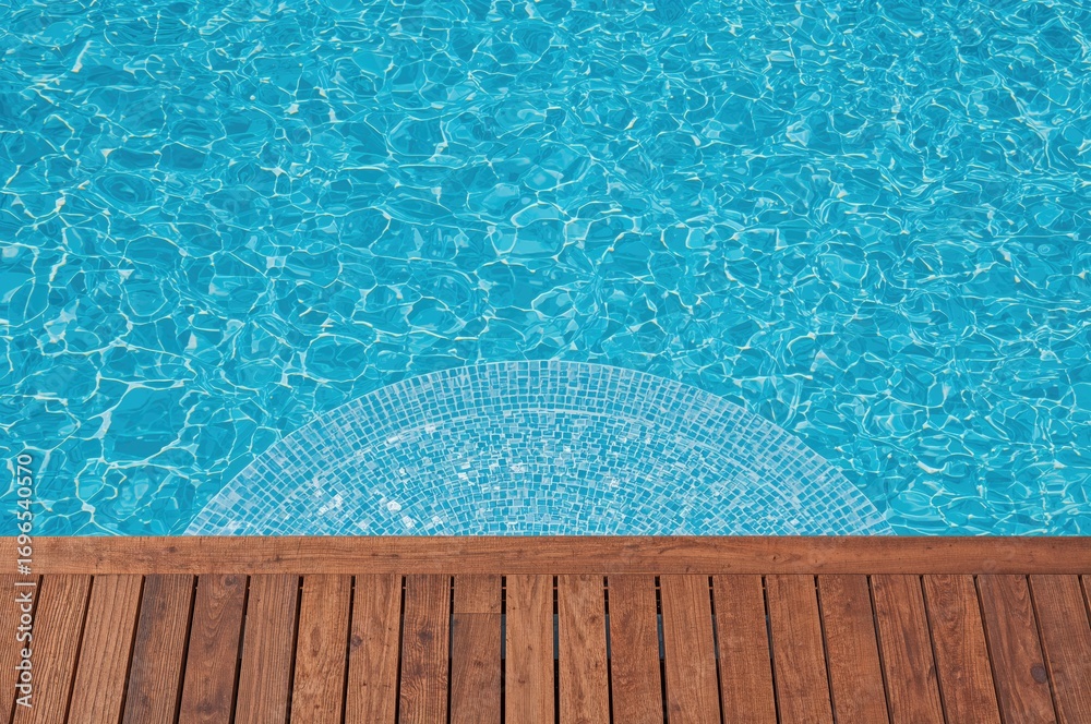 Obraz premium Contemporary fiberglass pool stairs leading into clear, cool blue water under a sunny sky in a garden or hotel spa setting with a teak wood deck.