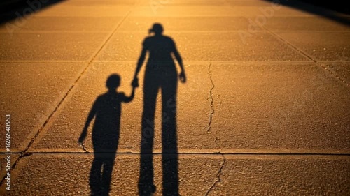 Mother and Child Shadow Walking at Sunset, Family Bond