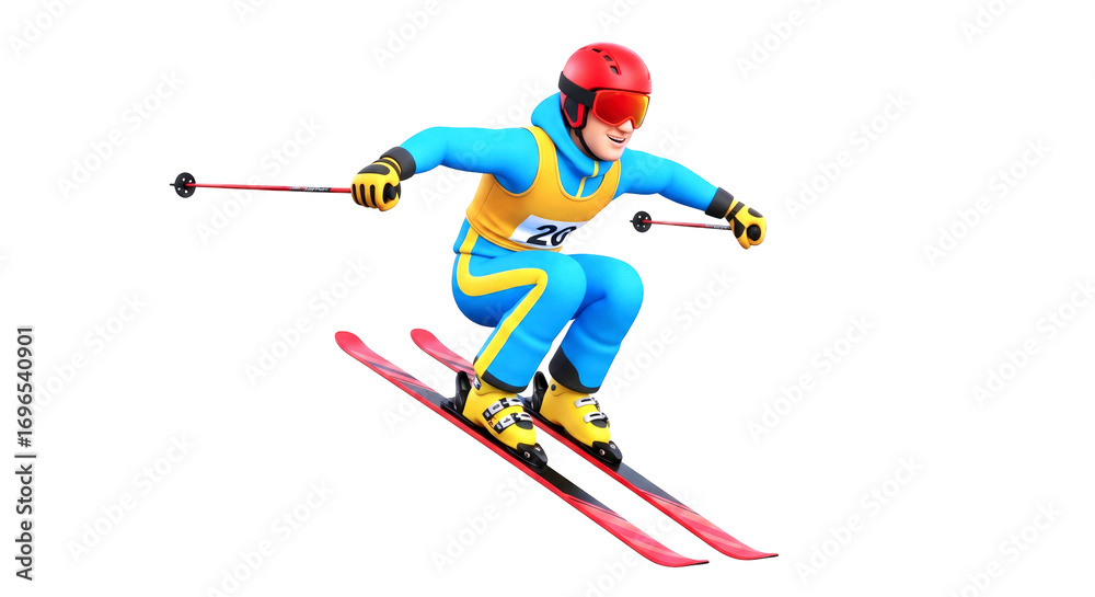 Fototapeta premium cartoon ski racer thrilling downhill, dynamic pose, winter sports fun, isolated on transparent background