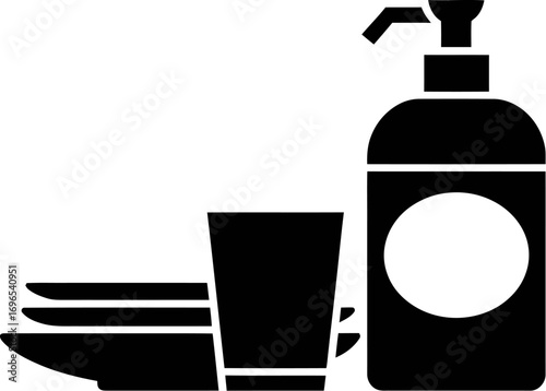 Black silhouette of dish soap bottle with glasses and plates for washing