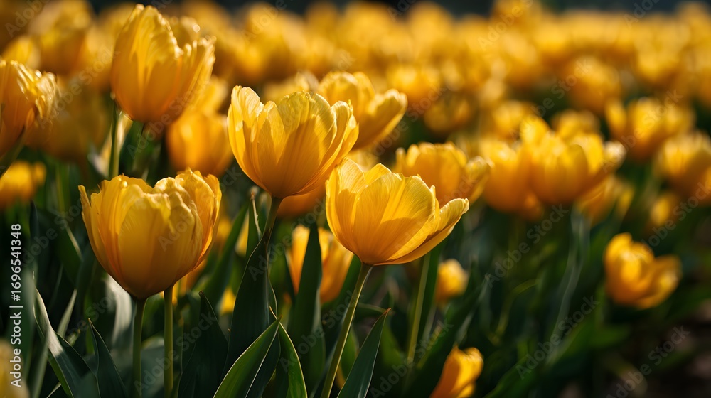A field of vibrant, sunny yellow tulips, showcasing a beautiful, springtime scene. A field of vibrant, sunny yellow tulips, showcasing a beautiful, springtime scene.
