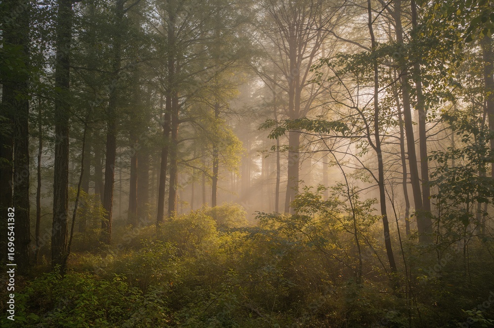 Obraz premium Foggy dawn in the woodland