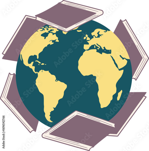 Books surrounding the globe representing global knowledge and education.