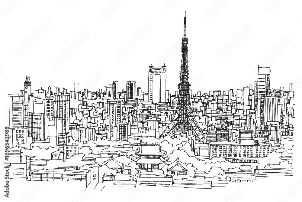Fototapeta premium Detailed line art of Tokyo city skyline with iconic tower, urban sketch representing architecture, Japan, and modern life.
