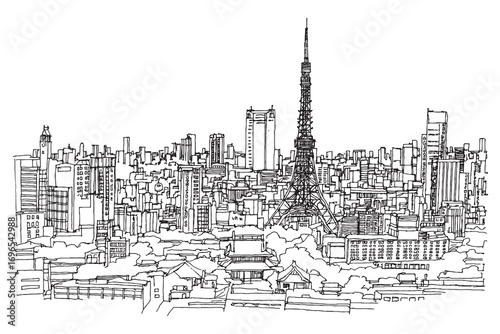 Detailed line art of Tokyo city skyline with iconic tower, urban sketch representing architecture, Japan, and modern life.