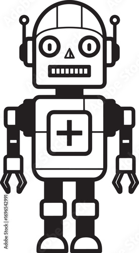 Cartoon Robot Vector Illustration Cute Android Character Isolated Black and White Design