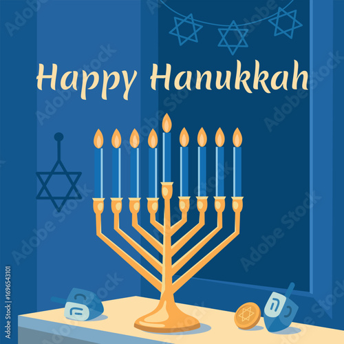 Cozy Hanukkah vector illustration golden menorah with burning candles near the window, garlands with Stars of David, dreidel and coin. Warm festive atmosphere, postcard, poster for Hanukkah holiday