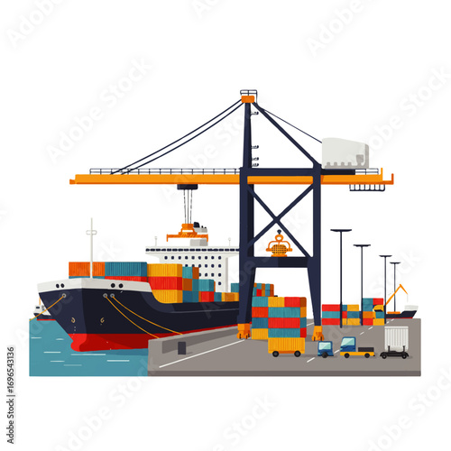 A cargo ship loaded with containers docks at a busy port with a large crane, trucks, and other port vehicles.