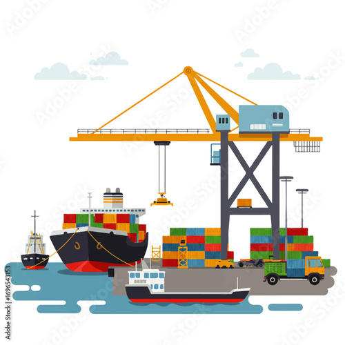 Illustration of a busy port scene featuring cargo ships, a large crane loading containers, and various vehicles on the dock.