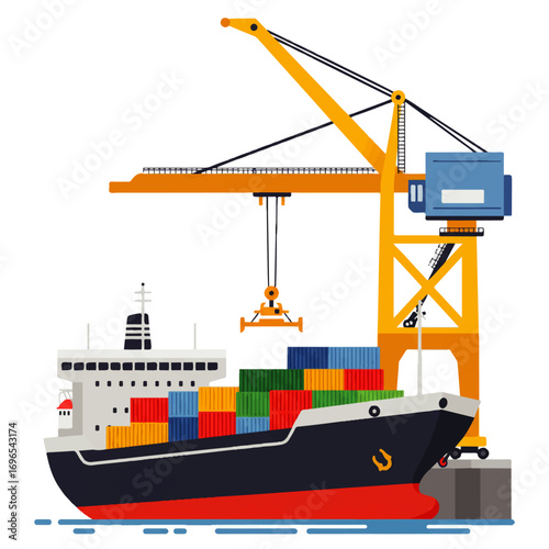 A cargo ship is being loaded with colorful containers by a large yellow crane at a port facility.