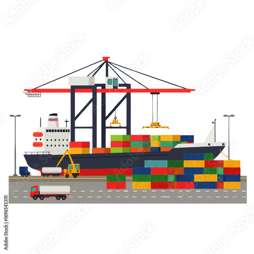 A container ship is being loaded with colorful cargo containers by a large crane at a port facility, with trucks nearby.