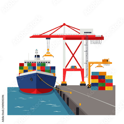 A cargo ship loaded with colorful containers is docked at a port, being loaded and unloaded by cranes.
