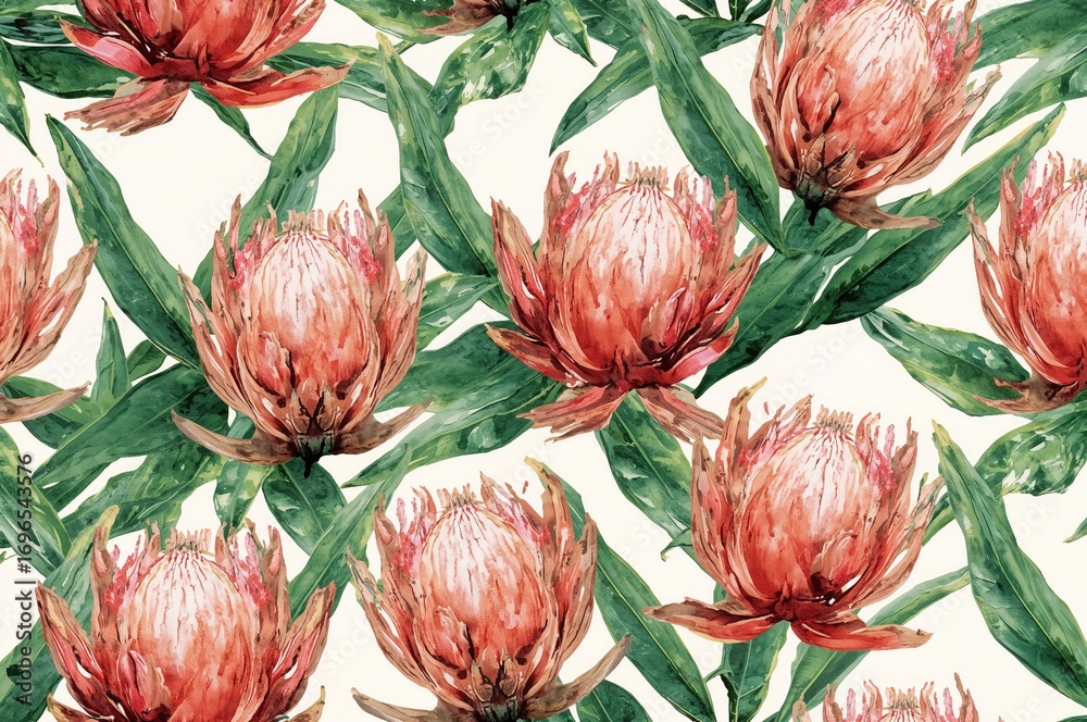 Naklejka premium Seamless floral pattern featuring hand-painted watercolor exotic leaves and flowers, ideal for invitations and greeting cards.